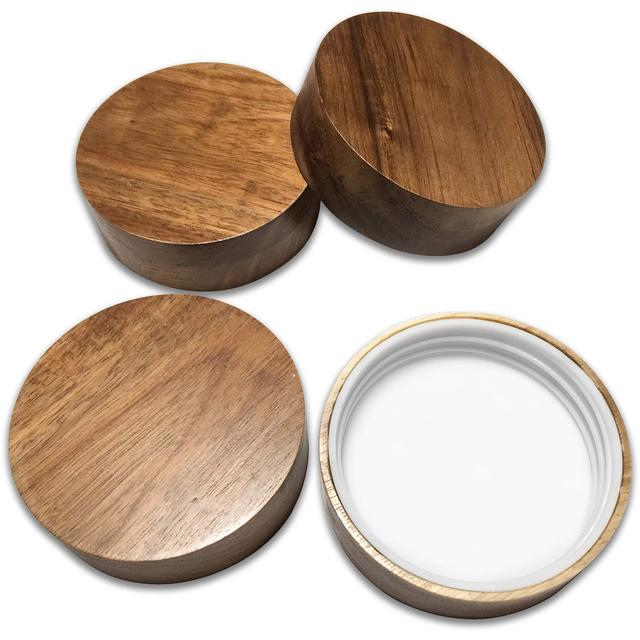 Kitchen Charisma Wooden Mason Jar Lids - 4 Mason Jar Lids Wide Mouth (Acacia Wood) - Custom Molded Screw Top Mason Jar Lid Set Storage Lids for Ball Jars Only