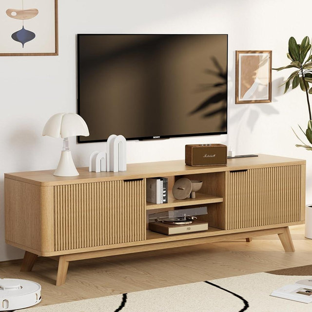 Royal Windsor Modern TV Stand for Living Room,Large TV Table with Fluted Door Cabinets and Open Shelves,Entertainment Center with Storage and TV Mount,Media Console Cabinet with Socket,Wood Grain