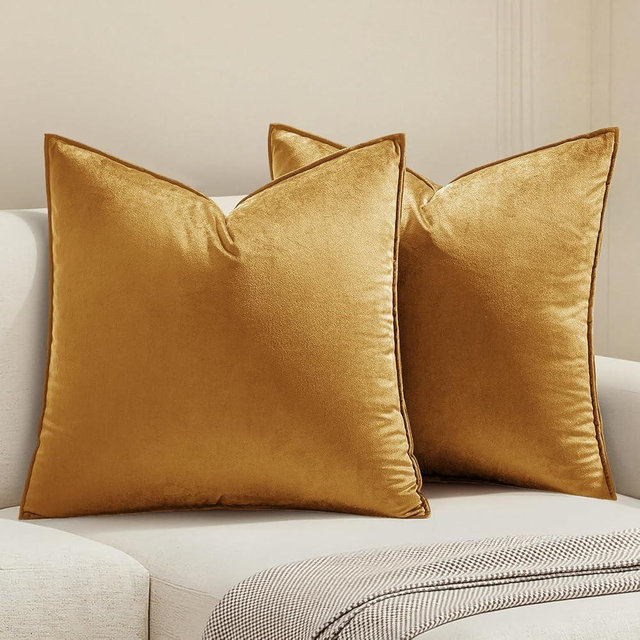 MIULEE Dark Gold Velvet Throw Pillow Covers 20x20 Soft Decorative Solid Square Cushion Cases Pack of 2 Modern Luxury Home Decor for Couch, Sofa, Bedroom