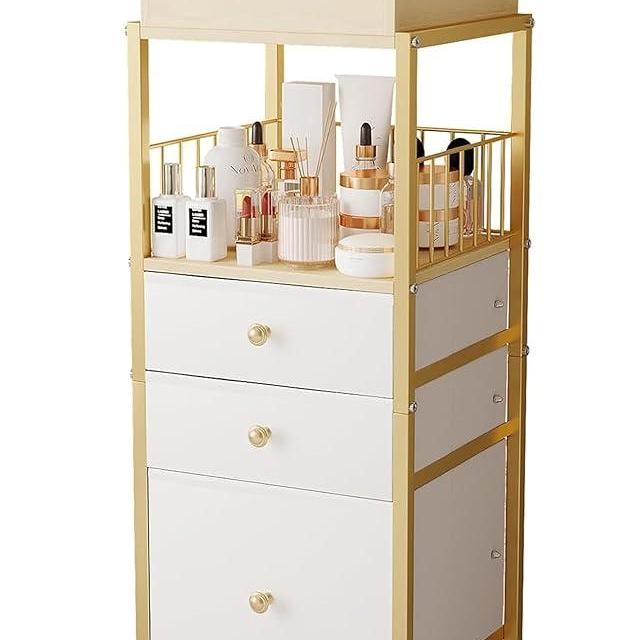 Makeup Organizer Cart with Drawers, Floor Skincare Organizers Make Up Organizers-Vanity Organizer Cosmetic Display Cases Holder for Skin Care Perfume Nail Polish Brush Hair Tool（Gold）