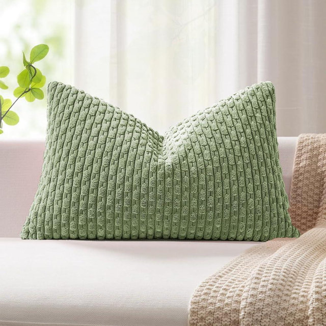 Kevin Textile Spring 12x24 Inch Pillow Cover 1 Pack Boho Decorative Soft Striped Corduroy Lumbar Farmhouse Solid Color Accent Rectangle Cushion Case for Living Room Couch Sofa Bed, Sage Green