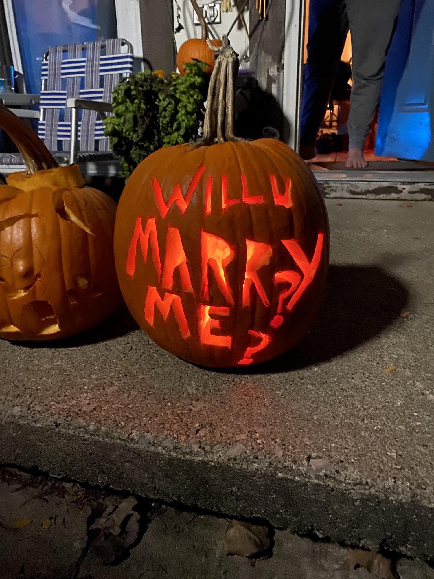 Halloween 2020.  Jon had ~proposed~ a pumpkin carving contest.  The rule was you weren’t allowed to peek at each other’s pumpkin during the carving process.  I think it’s safe to say Jon won.