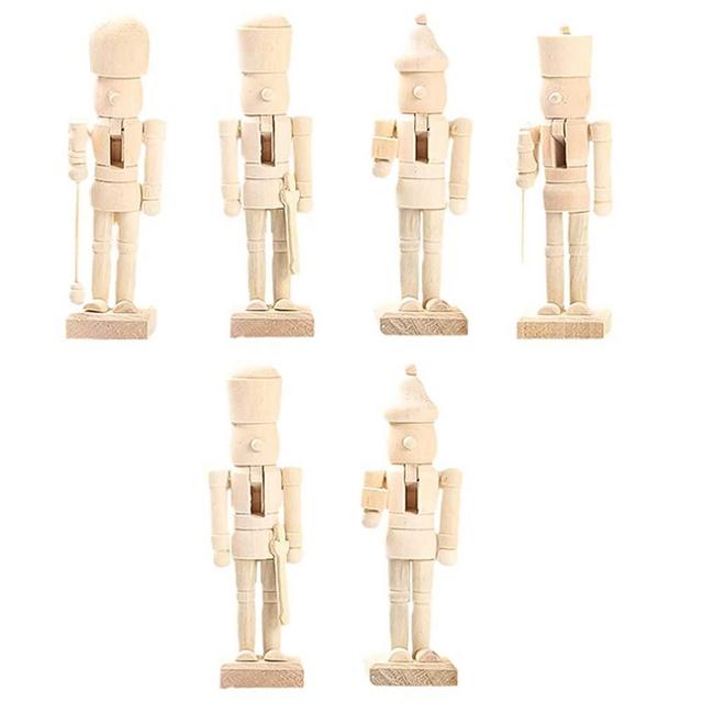 Amosfun 6pcs Christmas Nutcracker Figurine Unfinished Wooden Peg People Doll Desktop Figure Ornaments for Xmas Party DIY Painting Craft Art Peg Game Decoration