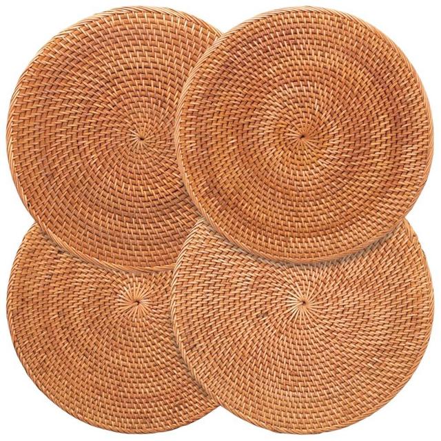 Decvel 4-Pack Rattan Placemats - 13-inch Round Placemats (Honey Brown) - Woven Place Mats, Round Table Mats - Wicker Chargers for Dinner Plates, Plate Chargers Boho - Rattan Decor, Kitchen Table Decor