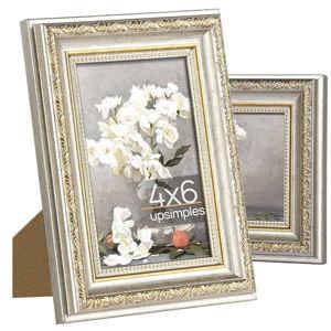 upsimples 4x6 Picture Frame with Real Glass, Ornate Vintage 4 x 6 Photo Frames for Wall Decor or Tabletop Display, White and Gold, 2 Pack