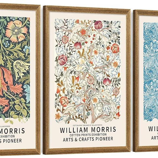 FWAHREN William Morris Framed Canvas Wall Art Set of 3, Cotton Prints Exhibition, Floral Pattern Pictures Artwork, Large Paintings Wall Decor for Living Room Bedroom Bathroom Office, 16x24in