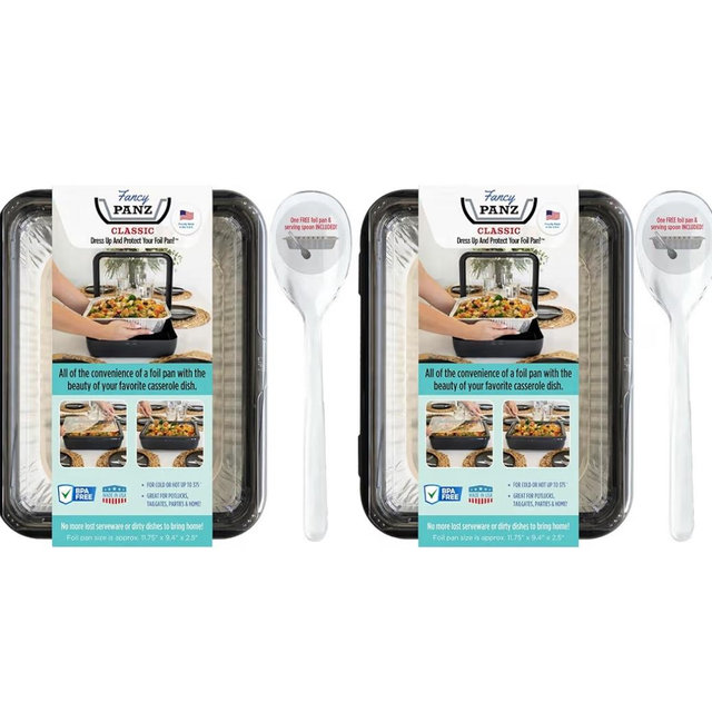 Fancy Panz Bundle - 2 Charcoal Classic Aluminum Foil Pan Carrier with Lid - Elevated Food Serving Tray - Portable & Insulated Casserole Carrier with Lid - Made in The USA