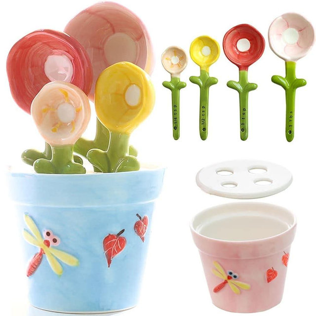 Flower Measuring Spoons Set in Pot Ceramic Baking Measuring Spoons with Holder for Dry Wet Ingredients Cute Flower Figurine Dishwasher Safe 1 Tbsp 1 TSP 1/2 TSP 1/4 TSP Unique Gift Blue