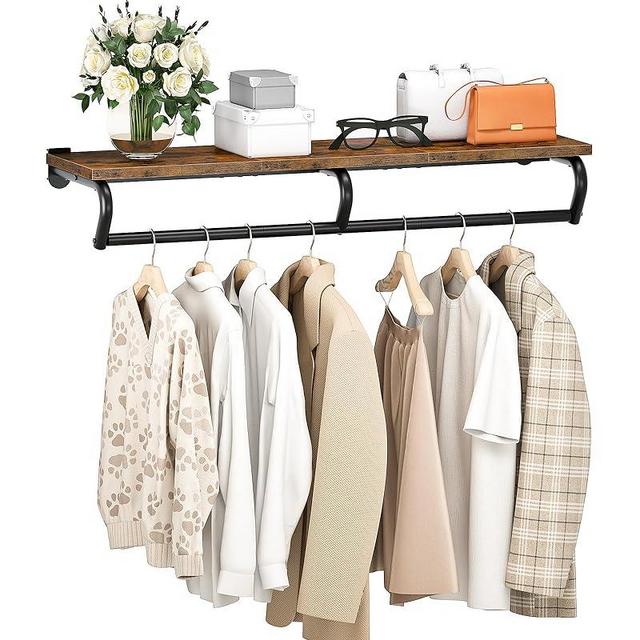 CHOEZON Wall Mounted Clothes Rack, Metal Garment Rack with Top Shelf, Laundry Storage Shelf with Hanging Rod, for Laundry Room, Bedroom, Entryway and Storage Room, Rustic Brown and Black TYM02BF