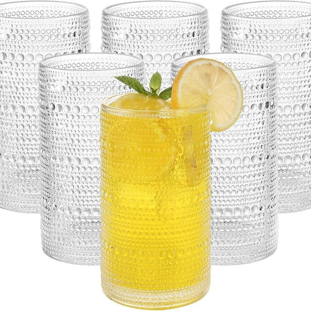 FTOFHOLD Hobnail Drinking Glasses Set of 6 Clear Embossed Boho Glass Cups Large Capacity Heavy Vintage Glassware 15 Oz Kitchen Bar Tumbler Glassware Set for Whiskey, Beer, Juice, Milk