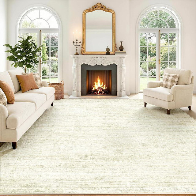 LIVELYGLOW 8x10 Washable Area Rug for Living Room Bedroom, Retro Printed Traditional Vintage Rug, Non-Slip Foldable Large Carpet for Dining Room Home Decor, Beige