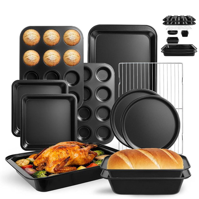 11-Piece Nonstick Baking Pans Set - Professional Grade Carbon Steel Bakeware with Premium Coating- Dishwasher Safe, Stackable, Oven Safe to 450°F (Black)