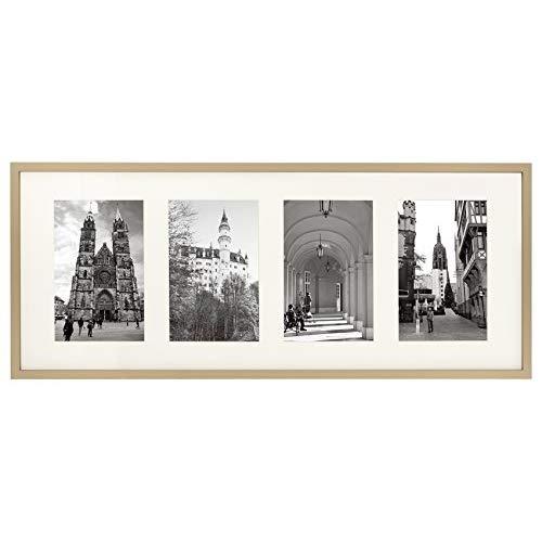 8x20 Gold Aluminum Metal Frame - Ivory Mat for Four 4x6 Photos/Pictures - Sawtooth Hanger - Swivel Tabs - Wall Mounting - Landscape/Portrait - Collage Display - Real Glass