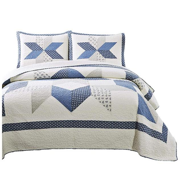 KASENTEX 100% Cotton Decorative Bedspread with Floral Patchwork Design, Soft & Oversized for Better Coverage, Twin/Twin XL 68x90, Diamond Motif Blue/Ivory