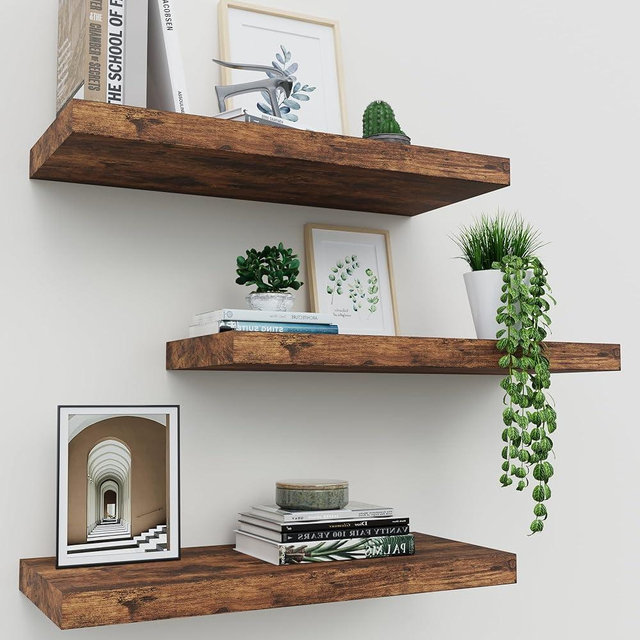 Upassion Floating Shelves for Wall Set of 3, 16" Rustic Brown Floating Shelves for Wall Decor, Home Decor, Frame Display Wall Mounted Wall Shelf for Bedroom, Kitchen, Bathroom, Living Room