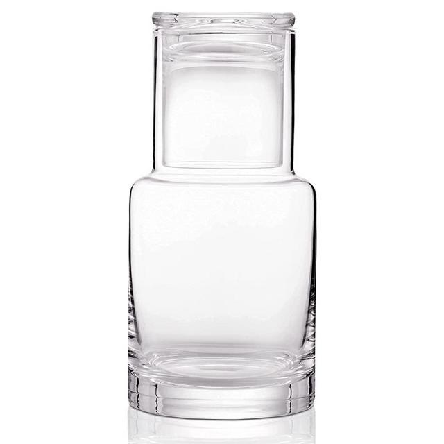 Bedside Water Carafe in BLUE, GREY or CLEAR glass for nightstand decor and glass water dispenser or a mouthwash decanter Glass drink dispenser with cup lid keeps water clean and fresh