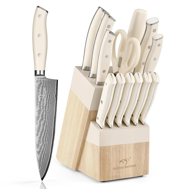 NANFANG BROTHERS Damascus Kitchen Knife Set 14 Pieces with Shears & Sharpener - VG10 Damascus Steel, ABS Ergonomic Handle, Wooden Block Storage White