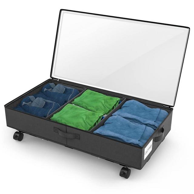 3rd Generation Under Bed Storage with Wheels 2-in-1 Underbed Storage Bins Containers Label Shoe Storage Organizer Drawer Bag Clear Window Solid Fabric for Bedroom Clothes Shoe Blanket (one-black)
