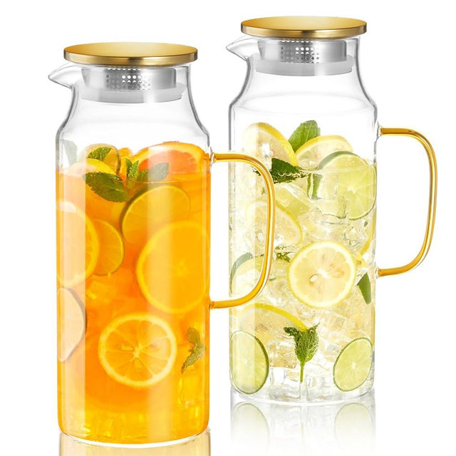 2 Pack 2 Liter 68 oz Glass Pitcher with Lid and Spout, Gold Glass Water Pitcher for Fridge, Glass Carafe for Hot/Cold Water, Large Jug for Iced Tea, Coffee, Juice and Homemade Beverage