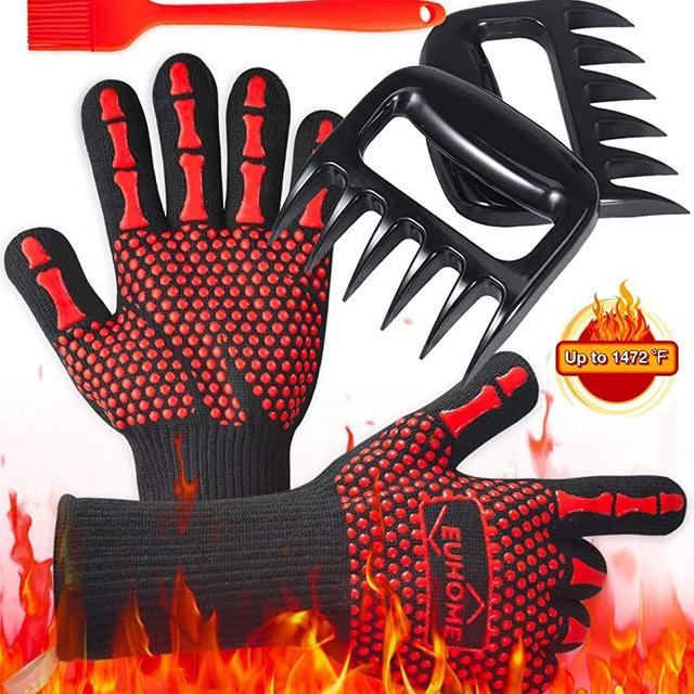 EUHOME 3 in 1 Grilling Set Accessories with EN407 Certified 1472 F° Extremely Heat Resistant Gloves BBQ, Grill Brush & BBQ Bear Claws for Grill, Baking, Christmas, Thanksgiving