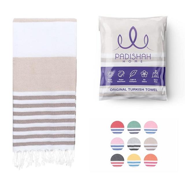PADISHAHHOME Turkish Beach Towel Oversized 38x71 | 100% Turkish Cotton Sand Free Quick Dry Towel Extra Large Cabana Stripe Turkish Towel Lightweight Travel Towel Beach Essentials -Latte/Brown