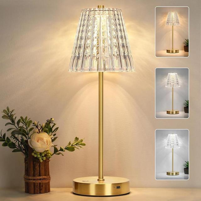 Touch Table Lamp, Stepless Dimming Crystal LED Lamp with 3 Modes, Rechargeable Battery Powered Small Nightstand Lamp, Metal Modern Cordless Bedside Lamps for Bedroom, Read, Office, Home Bar (Gold)
