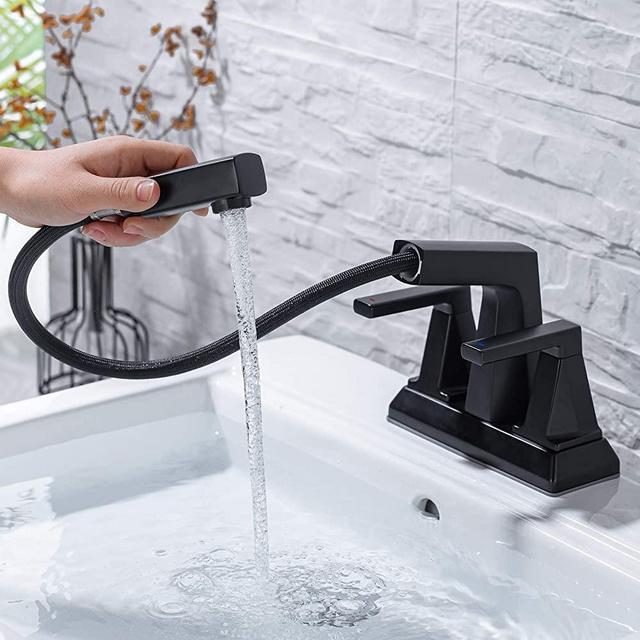 KAIYING 2 Handle Centerset Bathroom Sink Faucet, Black Bathroom Faucet 3 Hole with Pull Out Sprayer, 4 Inch Lavatory Faucet, Modern Vanity Faucet, Mixer Tap for Hot and Cold Water