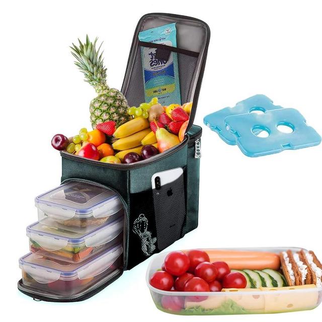 TOP&TOP Insulated Lunch Box and Cooler Bag for Men, Green, Unisex, Polyester, 13"L x 7"W x 9"H, 3 Reusable Meal Prep Containers, 2 Ice Packs, Detachable Shoulder Strap