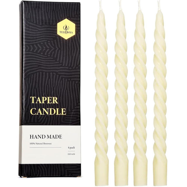 Beeswax Taper Candles Set of 4, Spiral Taper Candle Sticks Dripless Long Candle Sticks for Dinner Wedding Party Christmas Home Decorations - 10 Inch Tall - Off White