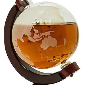 BarMe 850ml Whiskey Globe Decanter with Dark Finished Wood Stand and Bar Funnel
