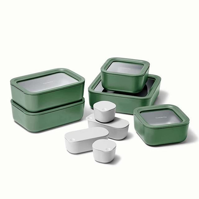 Caraway Glass Food Storage Set, 14 Pieces - Ceramic Coated Food Containers - Easy to Store, Non Toxic Lunch Box Containers with Glass Lids - Includes Storage Organizer & Dot & Dash Inserts - Sage