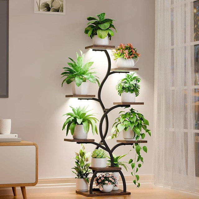 EVAWOO Plant Stand Indoor with Grow Light - 8 Tiered Plant Shelf Indoor, Corner Plant Stand, 49" Tall Plant Shelf with Lights for Indoor Growing, Lighted Flower Holder for Living Room, Balcony, Black