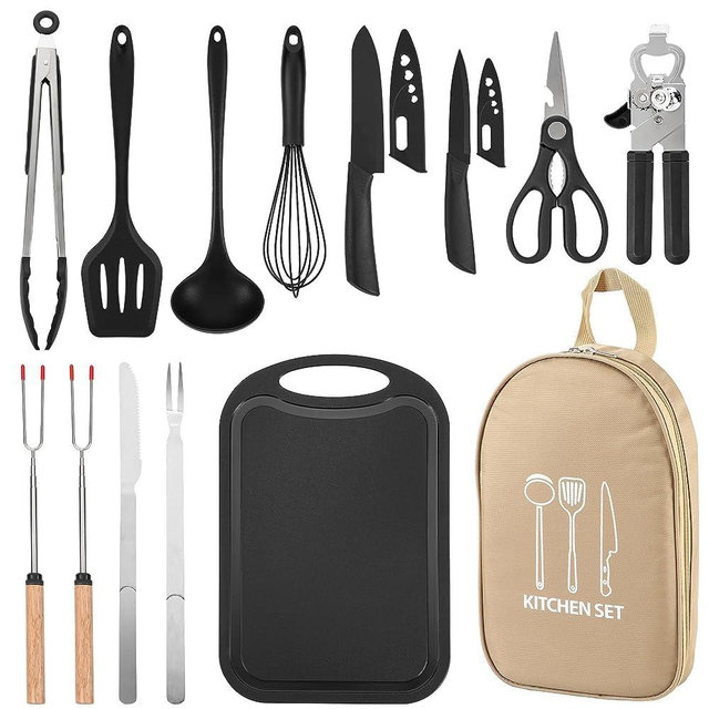 Wesqunie Camping Cookware Essentials Utensilsss Set - 14Pcs Camping Cooking Gear Equipment Accessories,Portable Compact Camping Kitchen Set,Stainless Steel and Silicone Suitable for Rv Picnic Grill