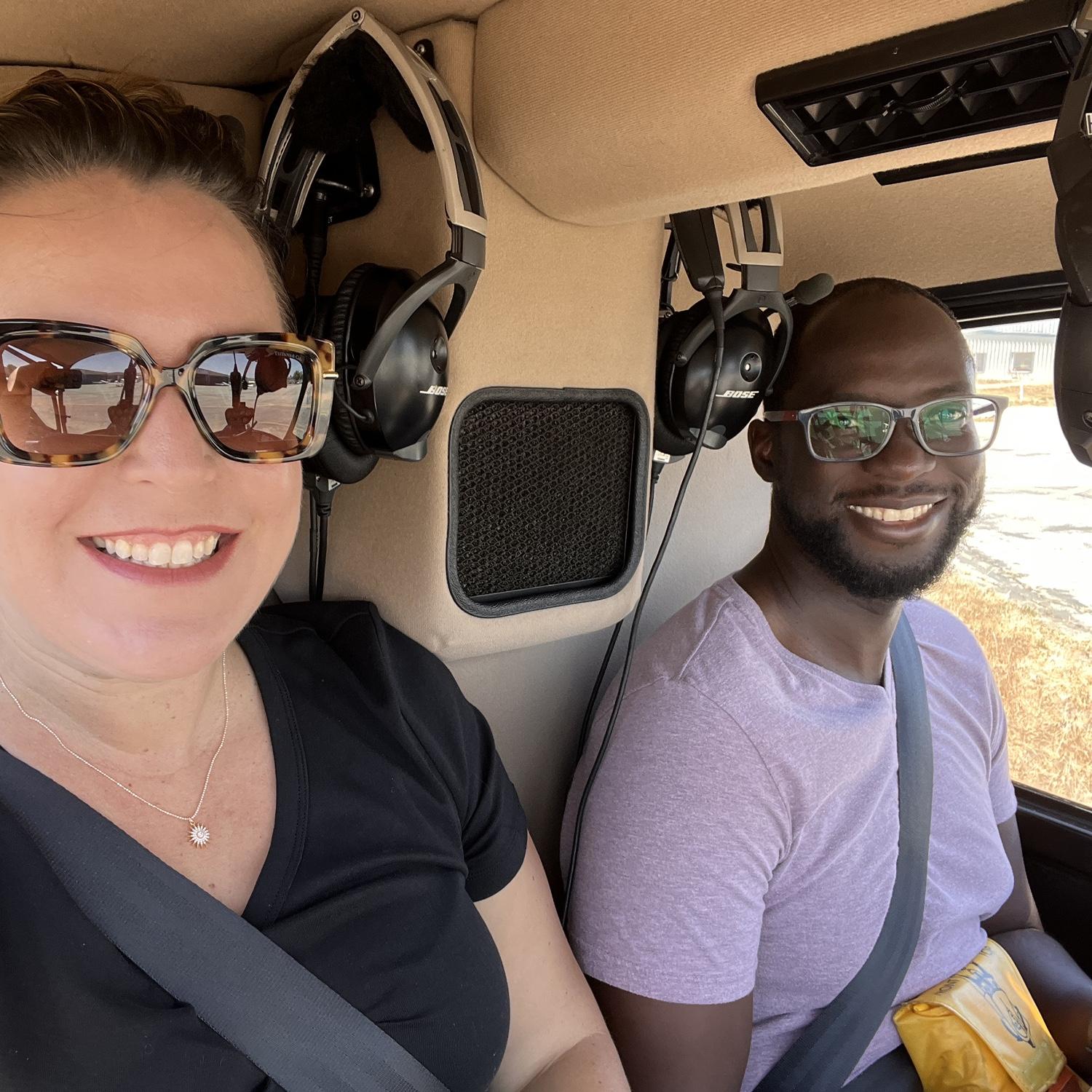 In a helicopter flying over Santa Cruz. A gift from Edwin for Loucy's 40th birthday. August 2023.