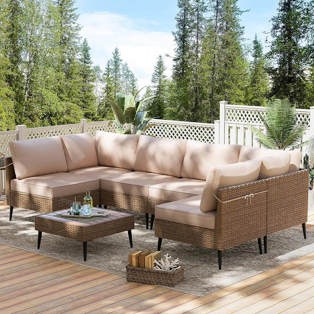 TIMSATIO Outdoor Furniture Set,7-Piece Patio Furniture Set, Rattan Sofa Conversation Sectional Couch Set for Garden,Balcony, Porch & Courtyard,Waterproof Cushion (Off-White)