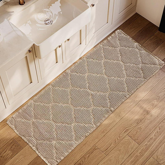 ZALL Tan Waffle Bath Mat,Super Absorbent Non Slip Bathroom Rug,Brown 24X72 inch, Geometric Diamond Machine Washable Ultra Soft Floor Mats