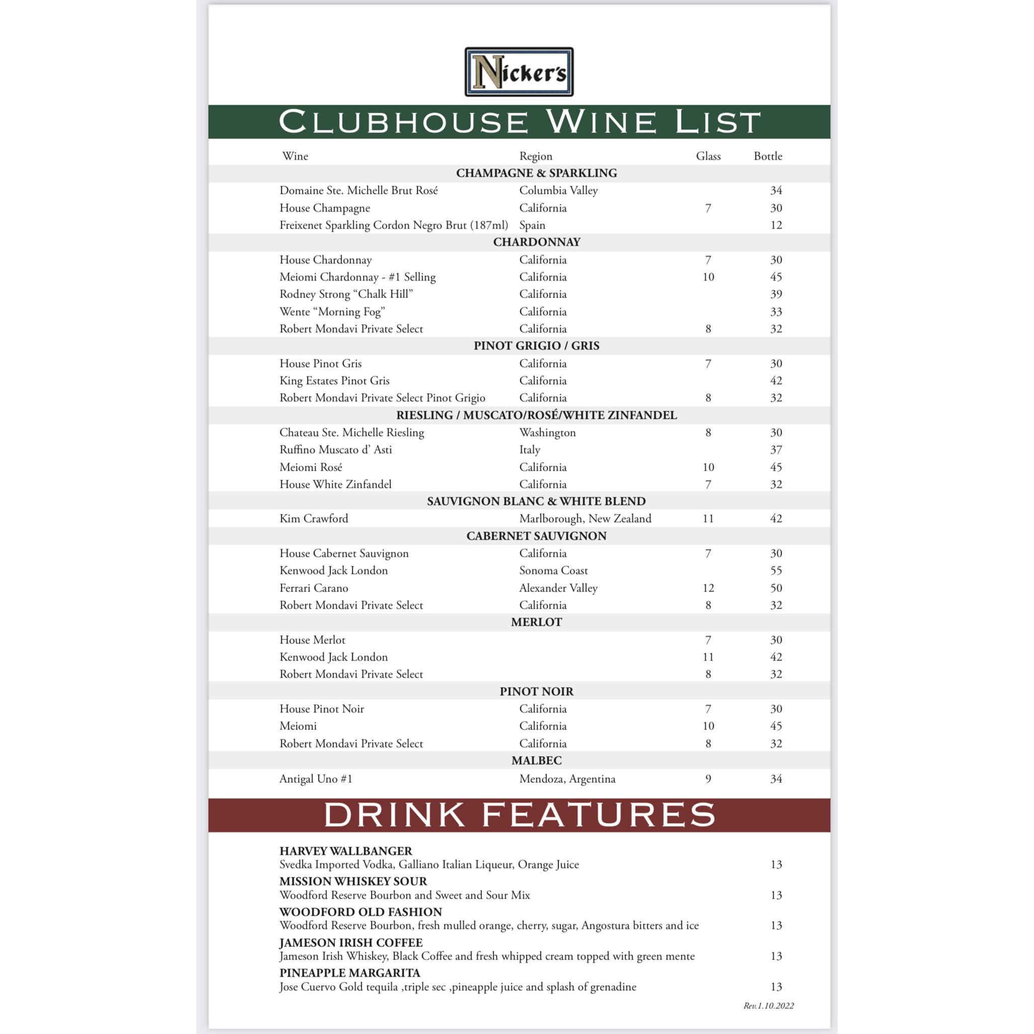 Nickers wine menu