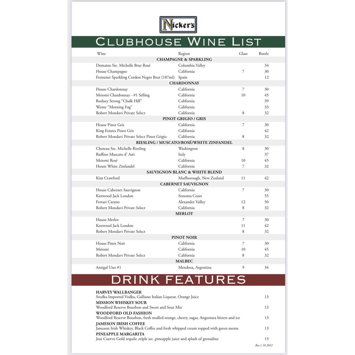 Nickers wine menu