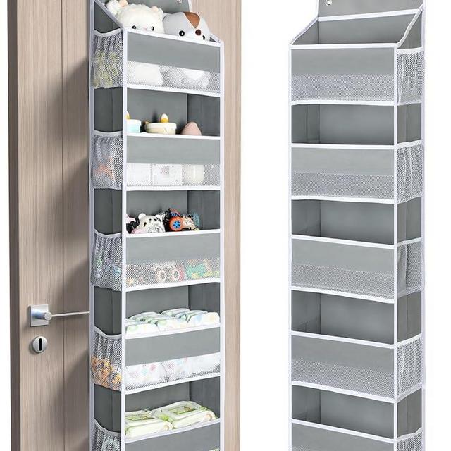Yecaye 1 Pc Over The Door Organizer with 5 Bins 10 Side Pockets, 44lbs Load Hanging Bathroom Organizer, No Tilt Closet Organizers and Storage for Bedroom, Baby Organizer for Extra Storage, Grey