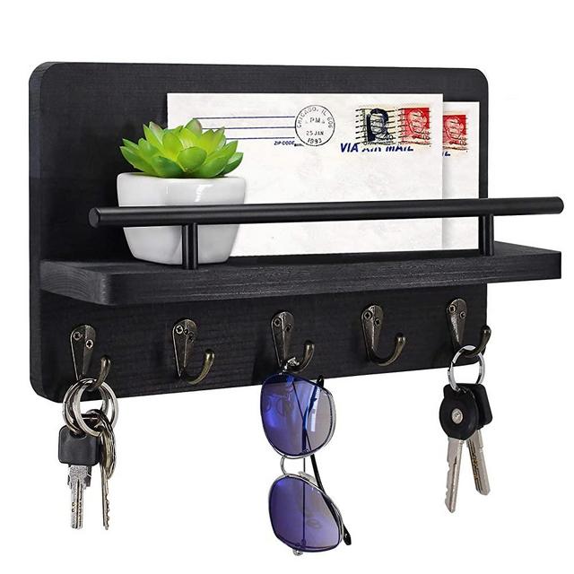Key Holder and Mail Shelf Wall Mounted, Decorative Wooden Mail Organizer with Shelf, Wood Hanging Mail Sorter with 5 Key Hooks, 100% Pine Wood Letter, Bill and Newspaper Storage Shelf (Black)