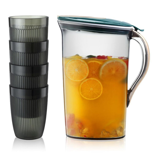 Gymdin Acrylic Pitcher (2.1 Liter/70.6 oz), Plastic Water Pitcher with Lid and 4 Cups, BPA Free, Shatterproof, Great for Hot Water, Iced Tea, Lemonade, Juice, Green