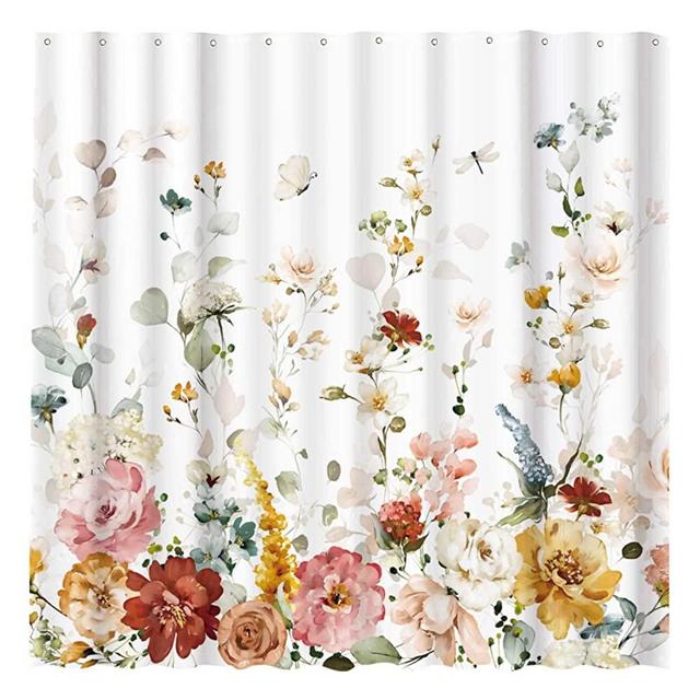 Funnytree Watercolor Yellow Floral Shower Curtain for Bathroom Set Autumn Plant Multi Color Flower and Leaves Boho Home Bath Bathtub Decoration Durable Machine Washable with 12 Hooks 72" x 72"