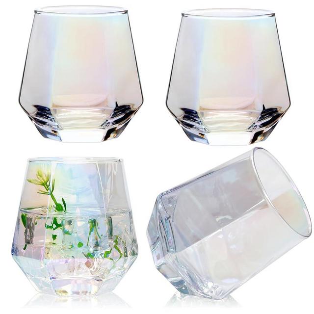 Ufrount Wine Glasses Set of 4,Iridescent Stemless Wine Glasses for Red and White Wine,Geometric 10oz Diamond Shaped Glass Cups for Whiskey,Cocktail,Bourbon,Juice,Water
