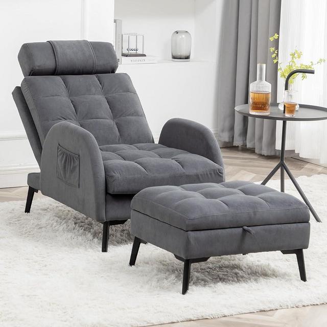 YUUIJOAA Accent Chair with Ottoman - Reading Chair and Storage Ottoman Set Comfy Velvet Lounge Arm Chair with Adjustable Backrest Cozy Reclining Sofa for Living Room Bedroom Dark Grey