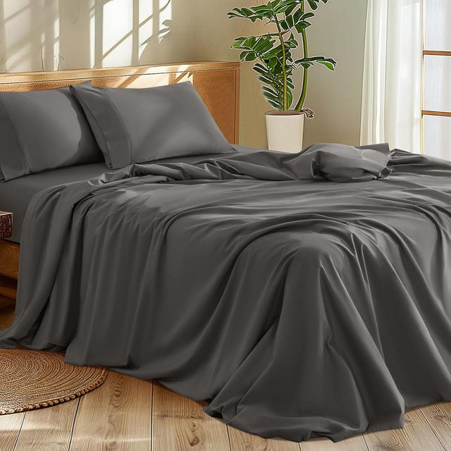 Shilucheng 1200 Thread Count Cotton Sheets Set，Luxury 100% Egyptian Cotton Bed Sheets，5-Star Hotel Quality Sheets, Breathable & Cooling, 16 Inch Deep Pocket - 4 Piece (Dark Grey, Queen)