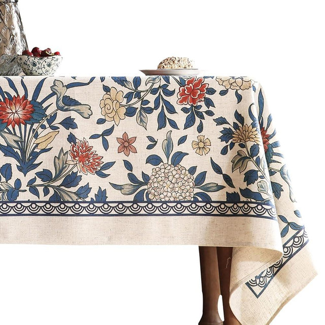 patdrea Designer Blue Tablecloth for Rectangle Tables,Vintage Linen with Leaves and Flowers Pattern Tablecloths,Farmhouse Floral Table Cover Cloth Decor for Kitchen Dining Christmas,55"*71"