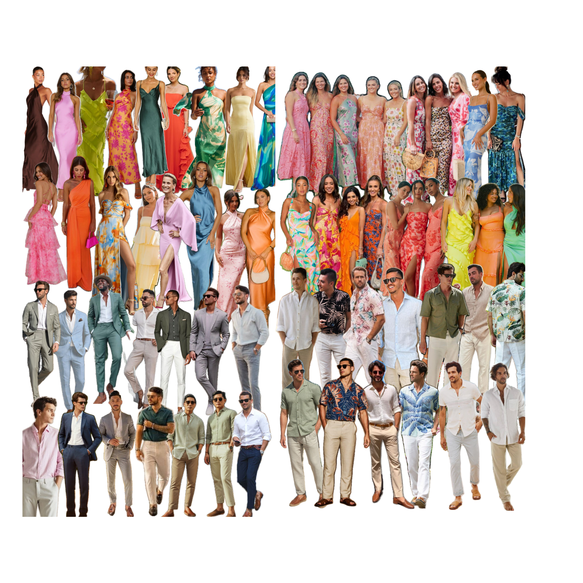 For women: 
- Sundresses
- Cocktail dresses
- Gowns optional

For men:
- Dress shirts
- Dress pants
- Suits and ties optional