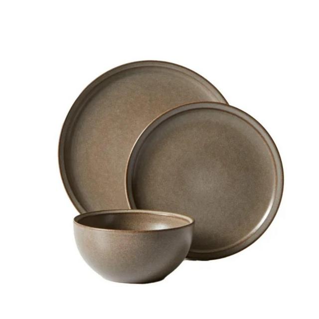 LunaLulinlk Brown 12-Piece Stoneware Dinnerware Set Dining Plates