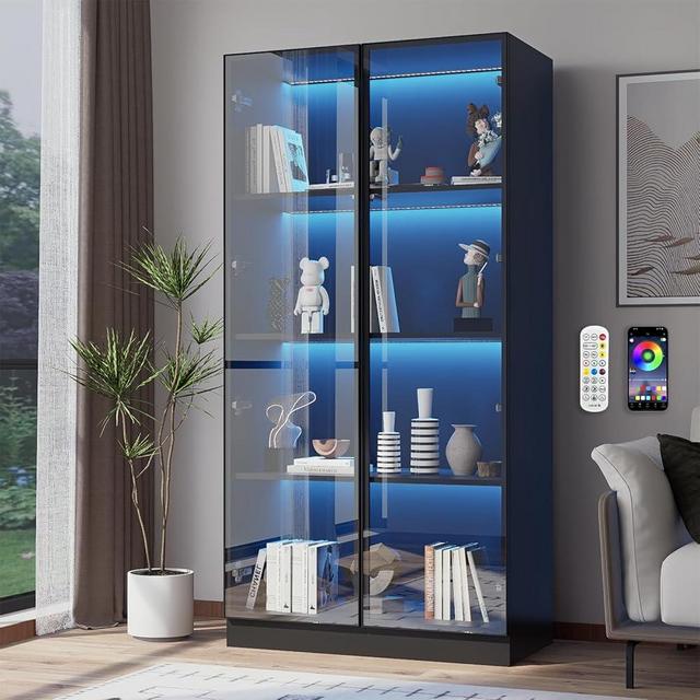ZORPLIX Glass Display Cabinet with LED Lights, Display Case Bookcase with 4-Tier Shelves, Curio Cabinet with 2 Glass Doors, Storage Cabinet for Collectibles, Living Room
