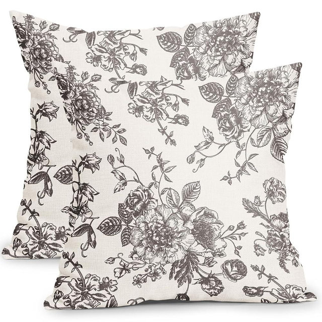 Vintage Floral Pillow Covers 24x24 Inch Set of 2 Black Brown and Cream Floral Throw Pillow Covers Chinoiserie Flower Pillowcases Rustic Farmhouse Cotton Linen Cushion Covers for Couch Bed Sofa Decor